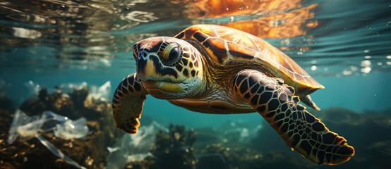Obraz premium Sea turtles swimming in ocean littered with plastic waste, Plastic pollution in ocean environmental problem