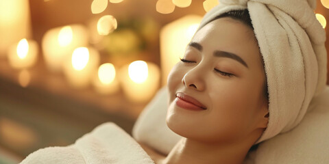  Asian young woman in spa salon relaxing after taking massage treatment with her eyes closed. Care about yourself beauty treatment procedures concept. Body skin and hair care - obrazy, fototapety, plakaty