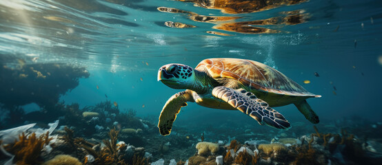 Sea turtles swimming in ocean littered with plastic waste, Plastic pollution in ocean environmental problem