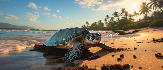 Sea turtle lying on the beach at sunset. - obrazy, fototapety, plakaty