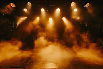 Stage lighting effect with smoke and spotlights, closeup of photo