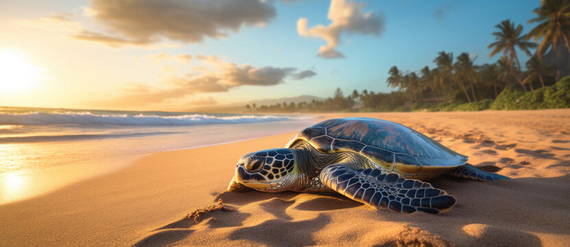 Sea turtle lying on the beach at sunset.