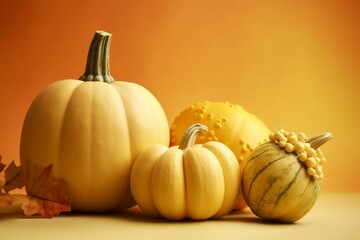 cheerful autumn greeting on soft yellow backdrop featuring 3 pumpkins. Generative AI