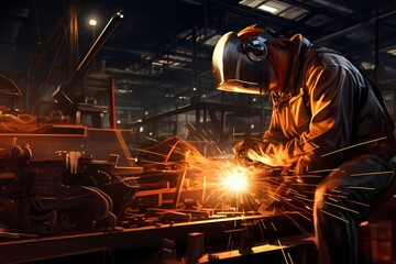 A welder working on a metal structure against a backdrop of industrial machinery.