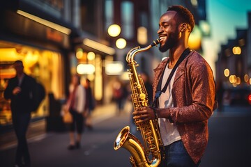 A musician passionately playing the saxophone on a vibrant city street, with people stopping to listen and groove to the music. - obrazy, fototapety, plakaty