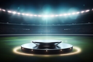 podium in the center of a stadium, surrounded by rows of empty seats and light flashes. The podium is simple and perfect to show your product, the playground of grass inside the soccer. Generative Ai