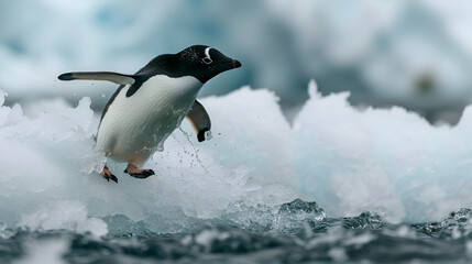 Adelie Penguin jumping between two ice floes. black heads and backs with white bellies AI Generative