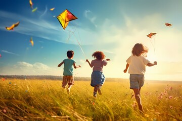 A group of children flying kites in a vast green field on a breezy afternoon, their colorful kites soaring high against a clear sky.