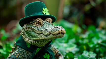 crocodile on green background for St. Patrick's Day Festivities. - obrazy, fototapety, plakaty