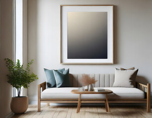 Frame mockup, ISO A paper size. Living room wall poster mockup. Generative AI.