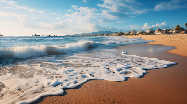 Gentle waves with white foam lap onto a sandy beach, with a coastal town in the background under a clear sky.
