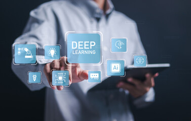 Deep learning neural network AI artificial intelligence concept. Businessman touching virtual icons of deep learning of artificial intelligence technology.