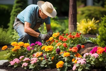 A gardener tending to a vibrant flowerbed, carefully pruning and watering plants, creating a colorful oasis of beauty and tranquility.