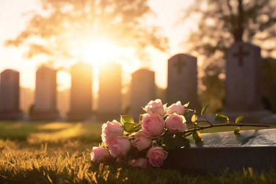 Tender Pink Roses on Cemetery Headstone at Sunrise, Eternal Memory and Grieving Concept