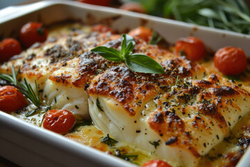Baked fish with vegetables and cream sauce under cheese sauce in iron plate