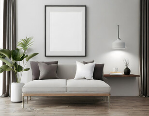  Frame mockup, ISO A paper size. Living room wall poster mockup. Interior mockup with house. Generative AI.