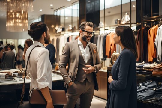 A salesperson interacting with customers in a stylish retail store.