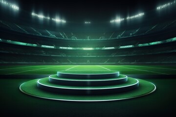 podium in the center of a stadium, surrounded by rows of empty seats and light flashes. The podium is simple and perfect to show your product, the playground of grass inside the soccer. Generative Ai