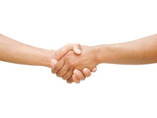 The hands of two men are shaking hands to agree on something. Or cooperation concept about cooperation in investment or work and business isolated on white background.	