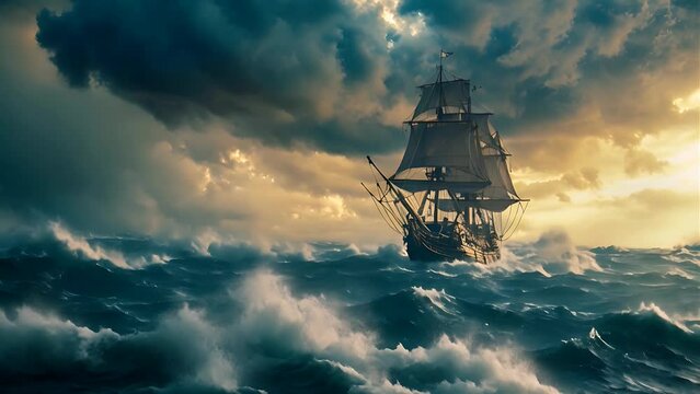 Big war sail ship sailing on a stormy ocean