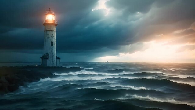 An eerie motion background of an old lighthouse under a stormy sky