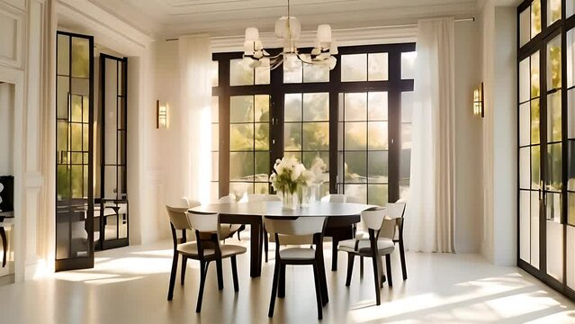 An elegant dinning room with large doors and windows