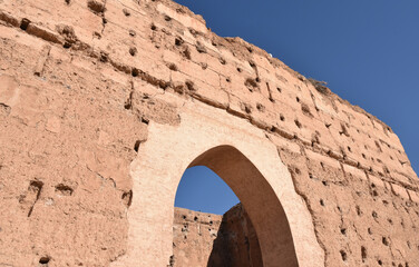 Badi Palace Wall Detail Close-up, Low Side Angle, Marrakech, Morocco