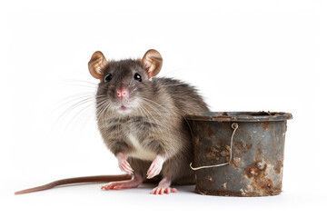 Rat sitting next to a rusty pail of garbage isolated on white background