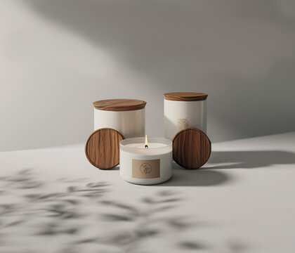 Mock-up 3 bougies blanches dans des pots en verre avec des couvercles en bois. Etiquettes pour texte ou logo, la 1&egrave;re bougie est allum&eacute;e avec une flamme. ombre d'arbre et feuille &eacute;clairage naturel