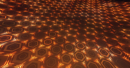 Obraz premium Abstract yellow orange background pattern of hexagons glowing futuristic digital energy magical bright