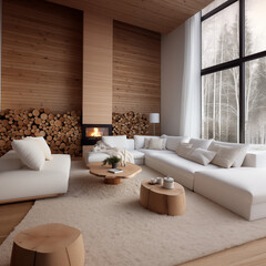 intérieur d'une maison scandinave en bois ultra moderne avec une cheminée une grande baie vitrée donnée sur la forêt mobilier en bois avec sofa blanc et tapis - obrazy, fototapety, plakaty