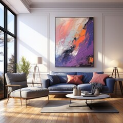 a stock photo of an abstract painting in a frame being displayed in a living room