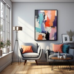 a stock photo of an abstract painting in a frame being displayed in a living room