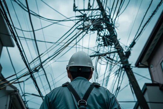 worker is facing away from the camera and looking up at an intricate network of tangled electrical cables