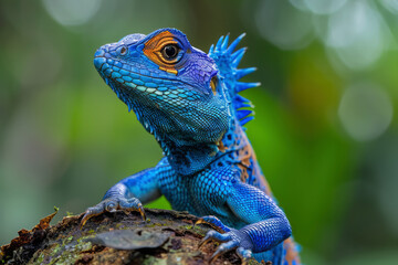 A close up of a blue lizard with spikes on its head.