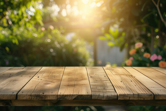 
A wooden table with no objects on it and a blurred outdoor garden background. The wooden table provides space for text and can be used for marketing promotions