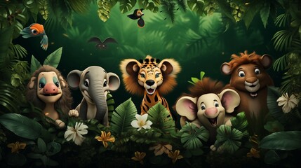 A group of wildlife animals standing in a jungle. 