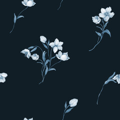 Seamless pattern with bouquets of wild flowers in indigo tones - 718572364
