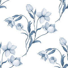 Seamless pattern with bouquets of wild flowers in indigo tones - 718572384
