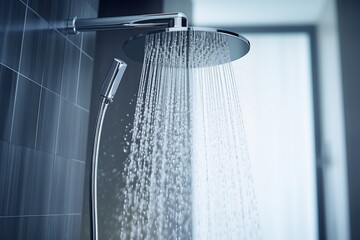 Shower head with flowing water. Shower head close-up.