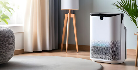 Air purifier in bedroom for filter and cleaning removing dust PM2.5 HEPA in home.