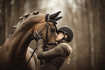 Fototapeta na wymiar The tender moment between a rider and a horse