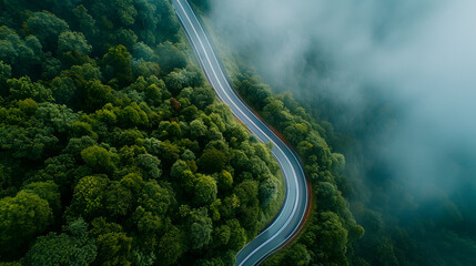 Aerial view of a mountain forest road winding through a beautiful summer landscape, surrounded by lush green trees and a dramatic sky with clouds.