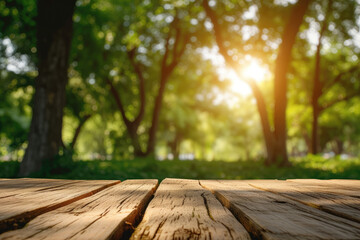 Blurred background wooden table in park with natural forest trees