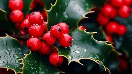 Holly leaves and red berries with dew drops close-up
