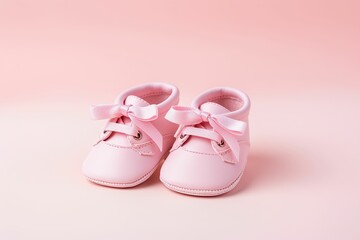 Pair of pink baby shoes on pink background, baby birth card, baby shower, celebration of baby birth, baby products store wallpaper, baby products store advertising