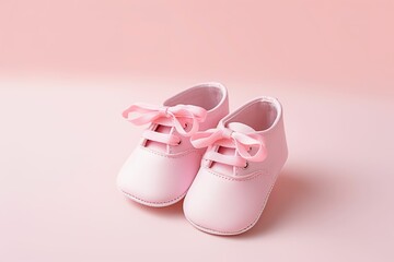 Pair of pink baby shoes on pink background, baby birth card, baby shower, celebration of baby birth, baby products store wallpaper, baby products store advertising