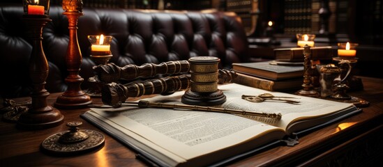 The judge placed the gavel on the book, on the judge's table - obrazy, fototapety, plakaty