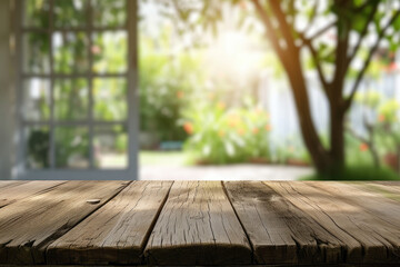 
Empty old wooden table in front of blurred white window and tree in garden background. Can be used for display or montage for show your products.