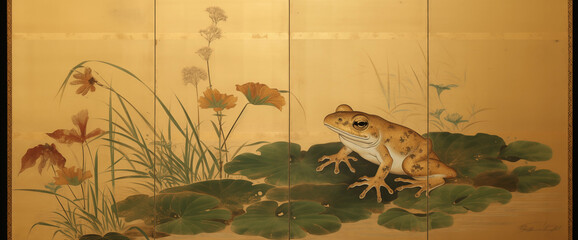 Japanese Ukiyo-e four panel gold leaf Byobu of a frog on lily pads with flowers in a pond